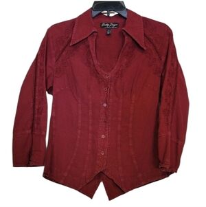 Gretty Zueger dark red 3/4 sleeve snug waist button up costal cowgirl shirt Sz M